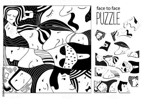 Face to face puzzle. 16 pieces. Black and white. Zentangle style.