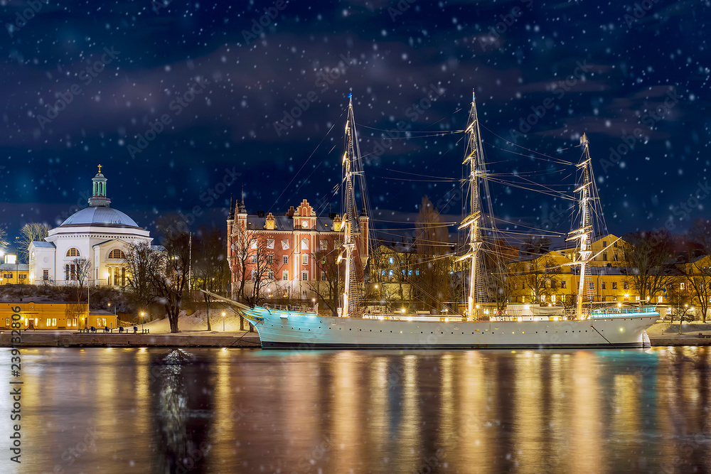 winter panorama of the night Stockholm, Sweden