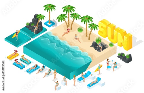 Isometric cartoon vector people, 3d girl in bathing suits, large set of elements for creating her beach with beautiful sea waves bright summer vector illustration