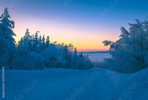 Heavy snow sunset landscape at Sotkamo, Finland.
