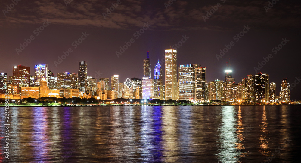 Panoramic View to the Chicago Skyline on the Night, United States