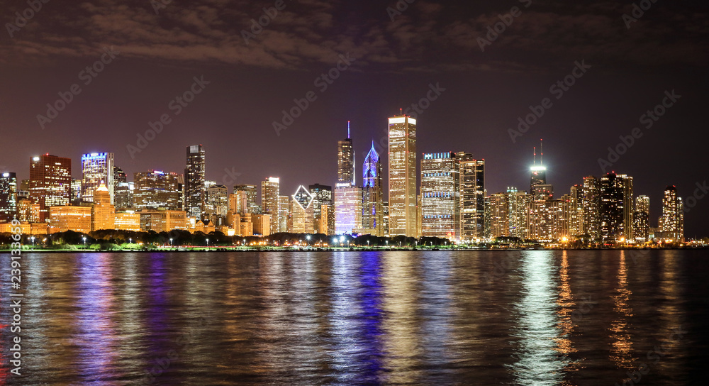 Panoramic View to the Chicago Skyline on the Night, United States Panoramic View to the Chicago Skyline on the Night, United States
