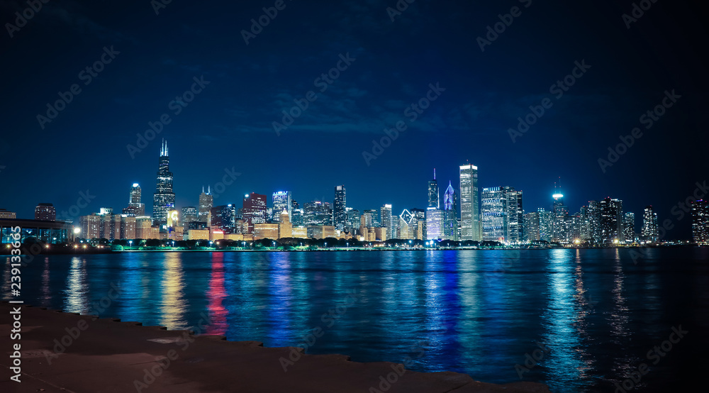 Panoramic View to the Chicago Skyline on the Night, USA