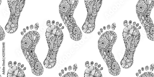 Seamless pattern with Human footprint in doodle style. Coloring book page. Footstep with different little flowers. Black and white foot. Vector.