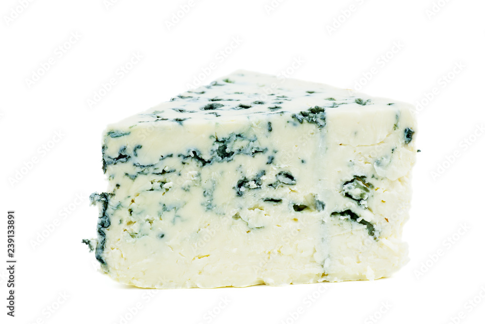 Piece of blue cheese isolated on white background