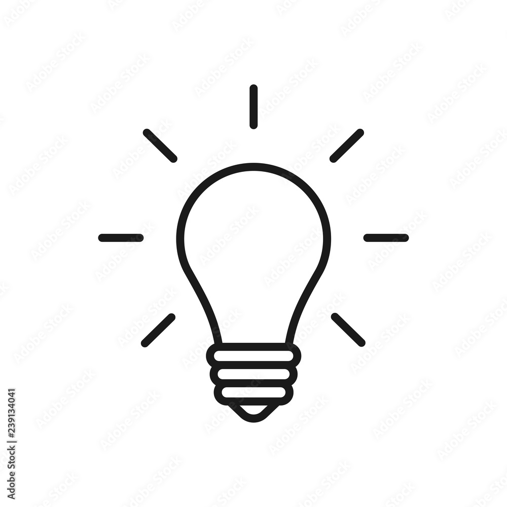 Black isolated outline icon of light bulb on white background. Line Icon illuminated lamp. Symbol of idea, creative. - obrazy, fototapety, plakaty 
