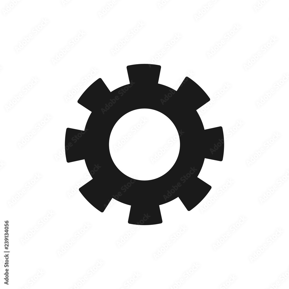 Black isolated icon of cogwheel on white background. Silhouette of gear wheel Flat design. Settings.