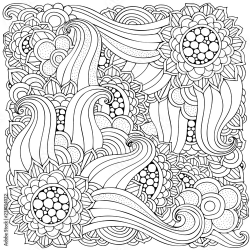 Coloring book page with different little flowers and leaf in zentangle style. Black and white vector illustration. Doodle, hand drawn, zen art, anti stress.