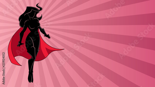 Full length illustration of determined and powerful superheroine flying against abstract ray light background.