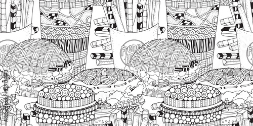 seamless pattern, Fast food. Burger, french fries, drink. Black and white vector doodle fast food pattern.