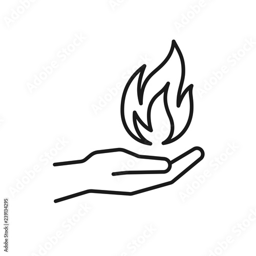 Black isolated outline icon of flame in hand on white background. Line icon of fire and hand. Symbol of healing.