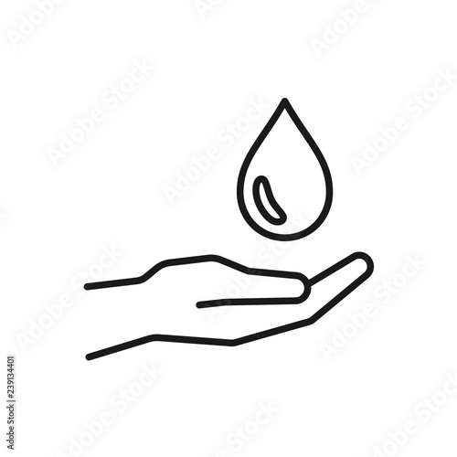 Black isolated outline icon of water drop in hand on white background. Line aqua drop and hand. Symbol of care, charity. Save water. Flat design.