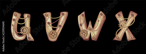 Symbols of the Latin alphabet U V W X. The letters of the English language. Copper and brass steampunk mechanisms with tubes, gears and rivets. Freely editable isolated on black background.
