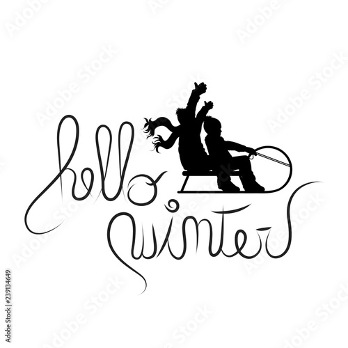 Vector illustration of text hello winter with boys on sledge.