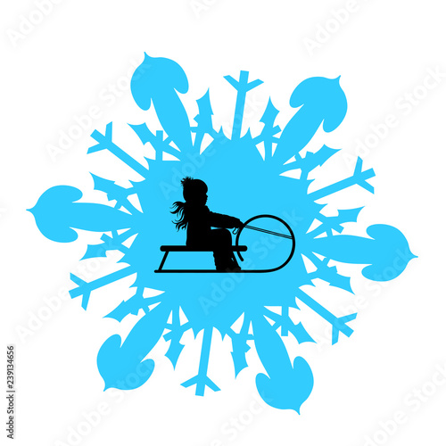 Vector illustration of snowflake with girl on sledge.