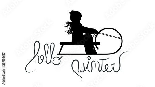 Vector illustration of text hello winter with girl on sledge.