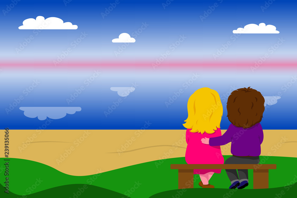Couple in love sitting on sea beach and hugging. Back view. Cartoon. Vector  illustration. Stock Vector | Adobe Stock