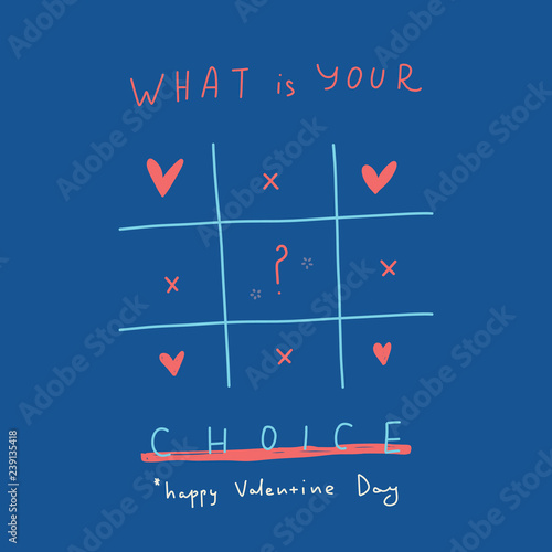 What is your choice greeting card with cute cartoon hearts. Love poster concept. Kissing character photo