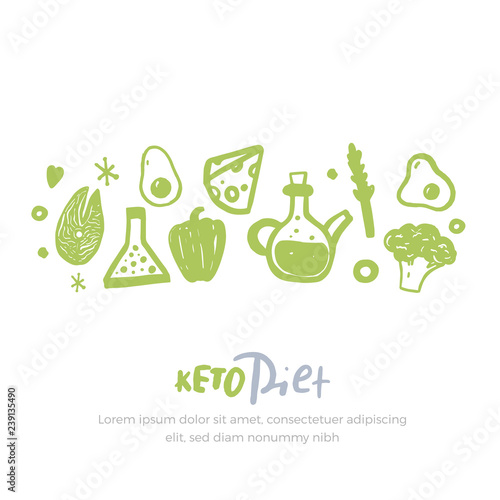 Sketch keto diet banner with lettering on white background. Healthy low carbs food. Ketogenic nutrition concept