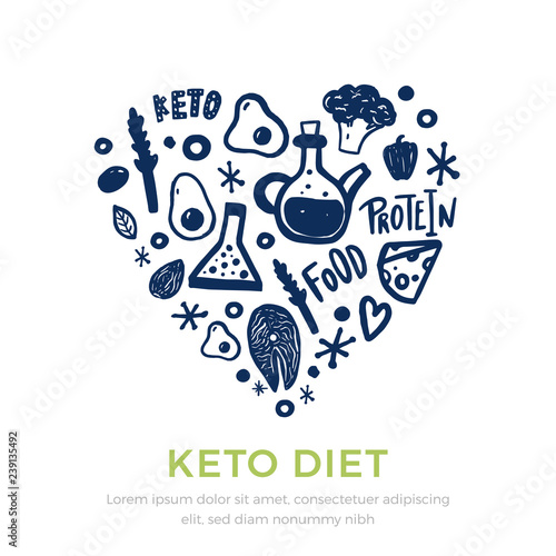 Sketch keto diet banner in shape of heart with lettering on white background. Healthy low carbs food. Ketogenic nutrition concept