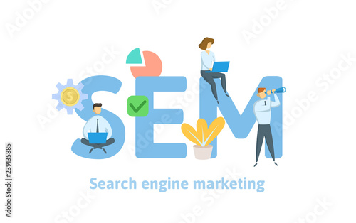 SEM, search engine marketing. Concept with keywords, letters, and icons. Colored flat vector illustration. Isolated on white background.