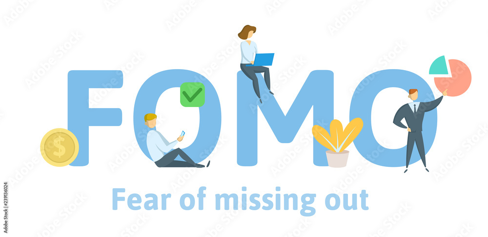 Picture of FOMO fear of missing out. Concept with keywords, letters, and icons ...