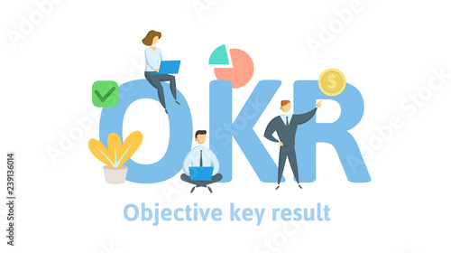 OKR, objectives and key results. Concept with keywords, letters, and icons. Colored flat vector illustration. Isolated on white background.