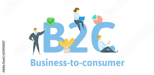 B2C, business to consumer. Concept with keywords, letters, and icons. Colored flat vector illustration. Isolated on white background.