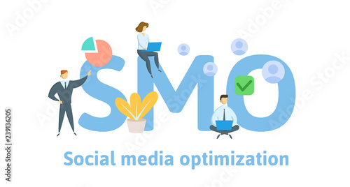 SMO, social media optimization. Concept with keywords, letters, and icons. Colored flat vector illustration. Isolated on white background.