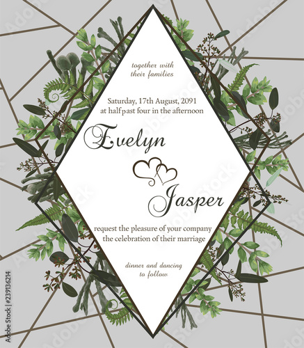 Wedding floral invite card. Vector green forest leaf, fern, branches boxwood, buxus, eucalyptus, brunia. Rhomb, geometric frame on a gray background