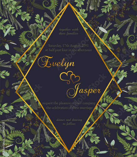 Wedding floral invite card. Vector watercolor green forest leaf, fern, branches boxwood, buxus, eucalyptus, brunia. Rhomb, geometric  golden frame