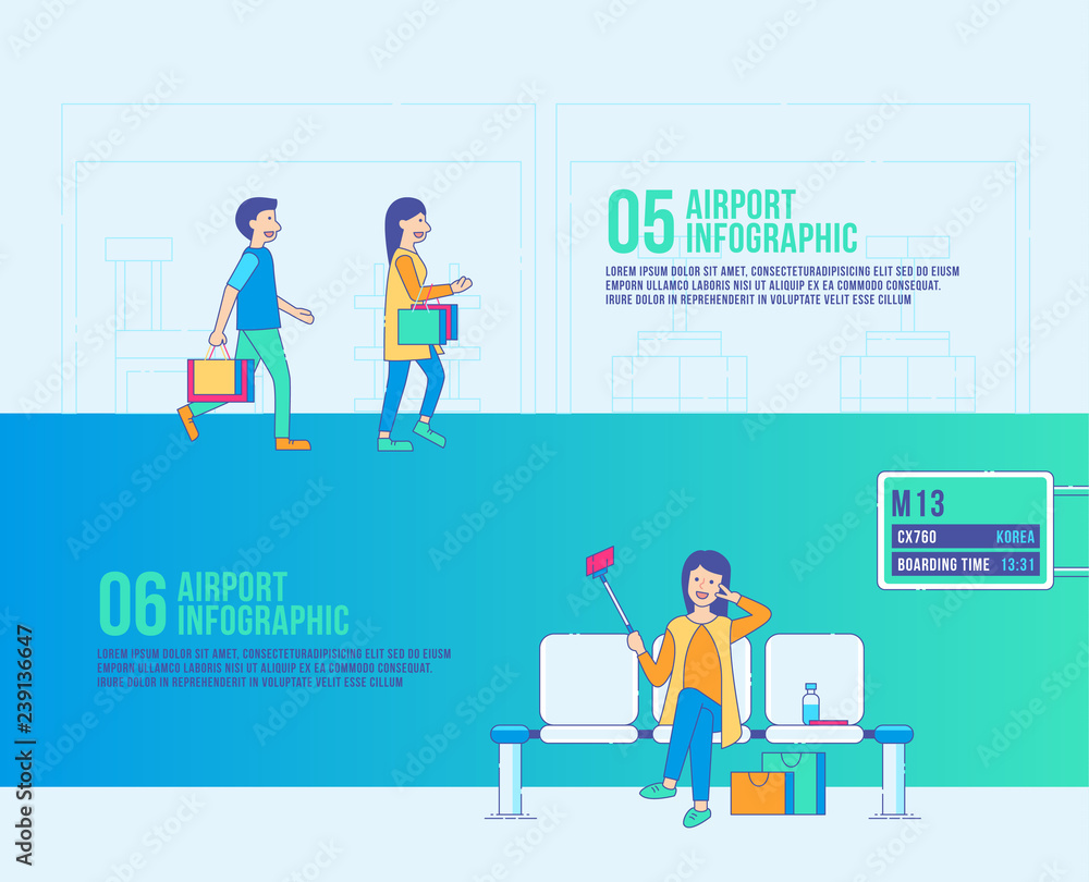 Airport step infographic travel vector. duty free, transport, boarding time.