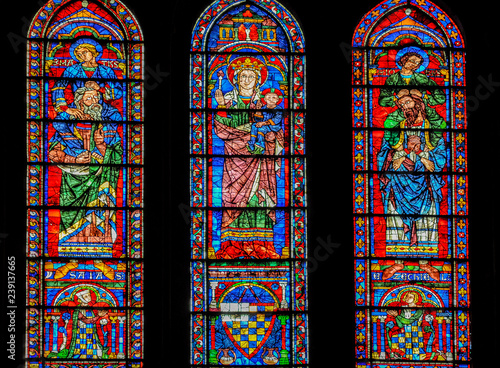 Vidrieras de la catedral de Chartres, los profetas Isaías y Ezequiel y la Virgen con el Niño, Francia photo