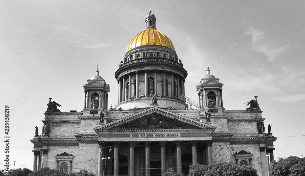 Saint Isaac's Cathedral Image with Isolated Golden Dome Part Color Effect in St. Petersburg, Russia. Historic Colored Creative Church Architecture View Outdoors, Isaakievskiy Sobor View on Summer Day