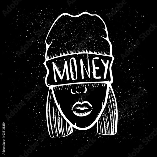 Hip Hop music girl. Pretty Young Urban Rap Girl. Lady Vector artwork. Doodle art isolated on black background. Face emotion illustration.