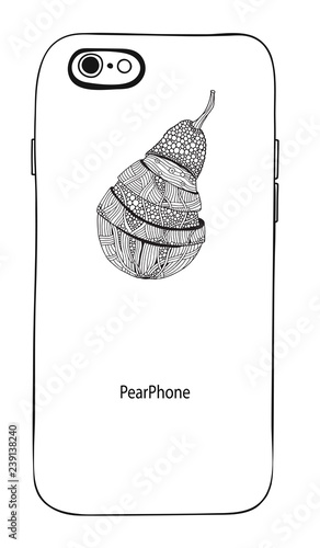 Cool smartphone with pear. Adult Coloring book page. Black and white Hand-drawn vector illustration. Zentangle style.