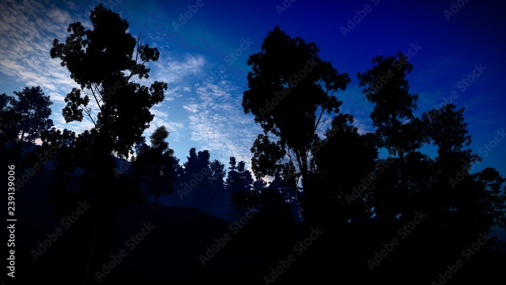 Fototapeta premium Forest in the mountains at dusk 3d rendering
