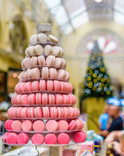 A tower of french macaroons for a christmas retail display
