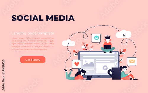 Content strategy marketing vector illustration. social media advertising concept. small people working with laptop technology. flat cartoon design for banner mobile and web in living coral palette