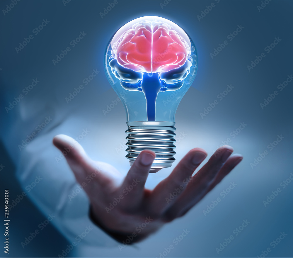 Schwebende,Glühbirne mit Gehirn und Hand Stock Photo | Adobe Stock