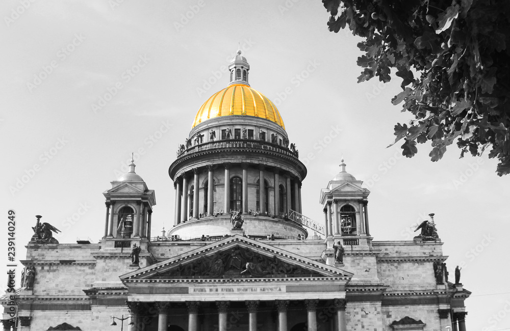 St. Isaac's Cathedral Black and White Image with Isolated Golden Color Dome in Saint Petersburg, Russia. Tourist City Landmark, Creative Vintage Photo Effect of Russian Church Architecture Outdoors