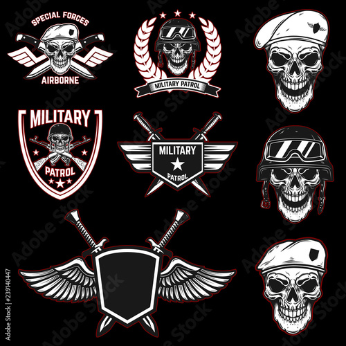 Set of military emblems with paratrooper skull. Design element for poster, card, label, sign, card, banner.