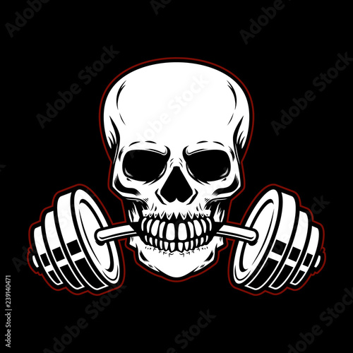 Skull with barbell in teeth. Design element for gym logo, label, emblem, sign, poster, t shirt.