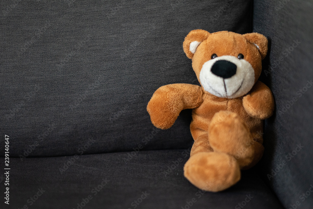 Fototapeta premium Teddybär sitzt auf einer Couch und schaut