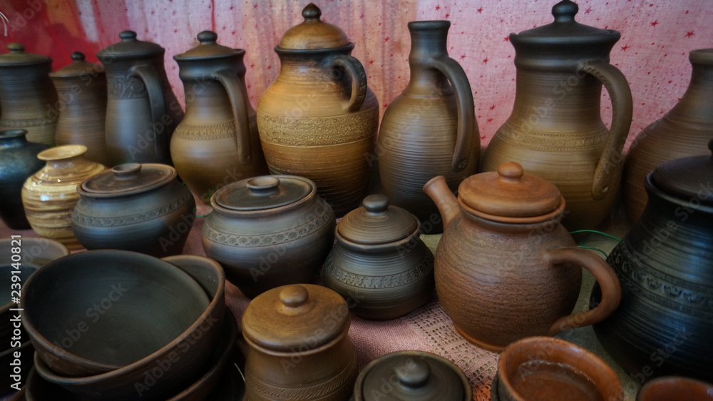 Сlay pots and jugs, retro cooking utensils