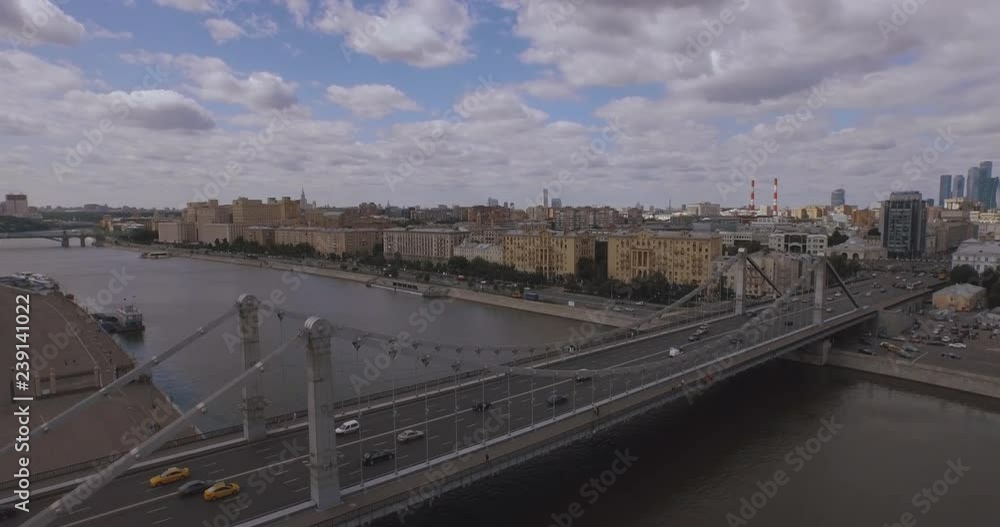Aerial view of the central region in Moscow, Russia. Bridge over Moscow river, Gorky park, heavy traffic and boats crossing the river 4k Aerial view of the central region in Moscow, Russia. Bridge over Moscow river, Gorky park, heavy traffic and boats crossing the river 4k