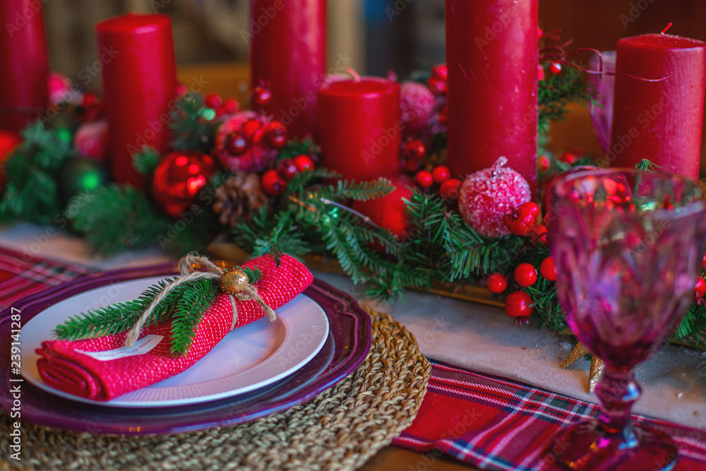 New Year's table. Table, decorated and served for the new year. Kitchen in the house