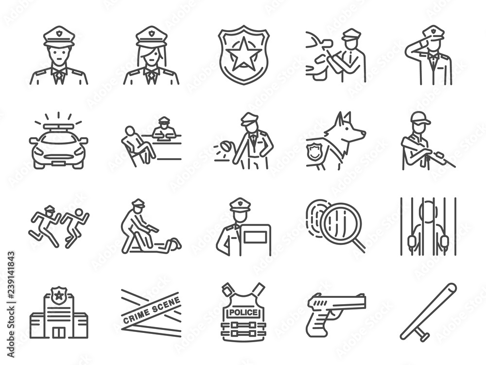 Fototapeta premium Police line icon set. Included the icons as cop, weapon, suspects, arrest, justice and more.