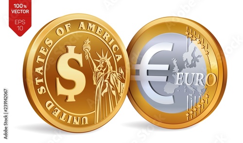 Dollar. Euro. 3D isometric Physical golden coins with Dollar and Euro symbol. American money. European money. Vector illustration.