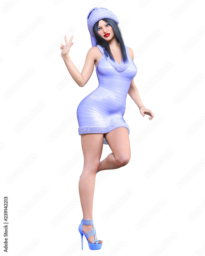 Young beautiful Santa girl. Short blue festive dress fur. Long dark hair. Bright make up. Conceptual fashion art. Realistic 3D render illustration. Christmas, New Year. Young beautiful Santa girl. Short blue festive dress fur. Long dark hair. Bright make up. Conceptual fashion art. Realistic 3D render illustration. Christmas, New Year.